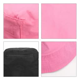 A pink bucket hat featuring a card pocket, showcasing stitching details and a black underside. The hat also has a logo.