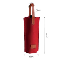 A red felt wine bag with a brown leather handle, measuring 30cm high and 15cm wide.