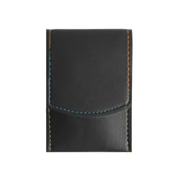 A black portable manicure set with coloured stitching, featuring a smooth exterior and a flap closure.