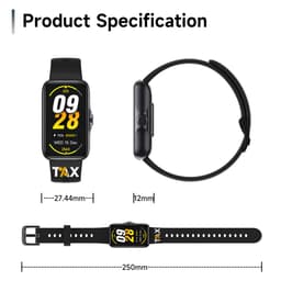 A black smart band with a rectangular display and adjustable strap, featuring a logo on the band.