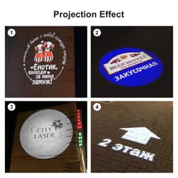 A projection light showcasing various logo and text designs on surfaces, featuring bright colours and sharp imagery.