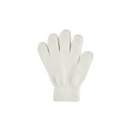 Plain knitted gloves in white, featuring a woven label and a ribbed cuff for a secure fit.