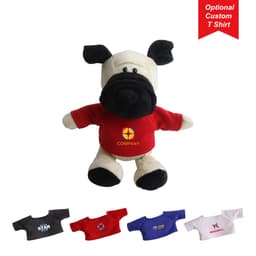 A plush dog toy with black and cream fur, wearing a red customisable T-shirt. Includes alternative T-shirt options in various colours.
