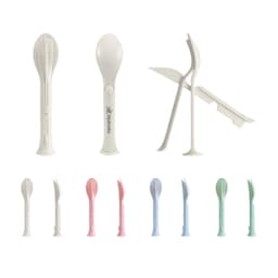 A set of portable utensils including spoons, forks, and knives in various pastel colours. The set is compact and features a logo.