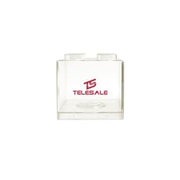 A clear square block coin bank with two stud-like tops and a logo on the front.