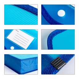 A blue expanding document folder with a button closure and label area, featuring a textured surface and fabric trim.