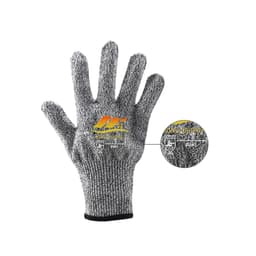 A pair of grey cut-resistant gloves with a textured surface and a logo on one side.
