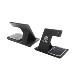 A black 3-in-1 portable wireless charger with a stand and multiple charging surfaces. It features a branding logo.