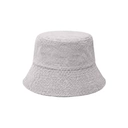 A grey dual-material reversible bucket hat with a textured finish and a wide brim. It features a logo.