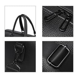 A black polyurethane duffle bag featuring zippers, handles, and metal clasps. The material has a textured finish.
