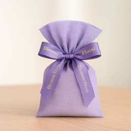 A purple satin ribbon tied around a lavender fabric bag with a branding logo.
