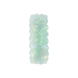 An iridescent hair clip in a wavy rectangle shape, featuring shades of pale green and blue. It has a glossy finish.