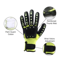 Heavy-duty safety work gloves in black and bright yellow, featuring wrist Velcro adjustment, palm guard, and reinforced thumb web.