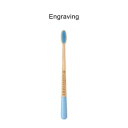 A wooden toothbrush with a large conical handle, featuring a blue end and a textured bristle head. It has a logo.