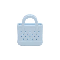 A light blue mini EVA bag charm with perforated design and two handles, featuring a logo.