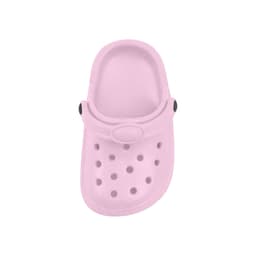 A pink classic clog shoe fridge magnet with ventilation holes and a strap. The image features a simple design and has a logo.