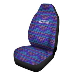 A car seat cover featuring a vibrant pattern of purple and blue zigzags, with black sides and a logo.
