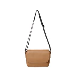 A tan polyurethane shoulder bag with a black adjustable strap and a flap closure. There is a logo on the front.