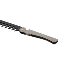 A folding comb with a sleek silver handle and a black, serrated edge. The comb features a compact design.