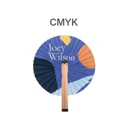 A round wooden paper fan featuring a blue, orange, and yellow design with a logo and two beige handles.