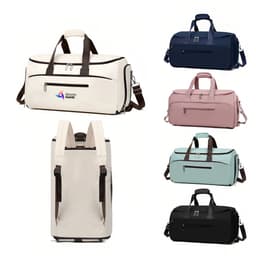 A collection of convertible backpack duffel garment bags in various colours: cream, navy, pink, mint, and black. Each has a logo.