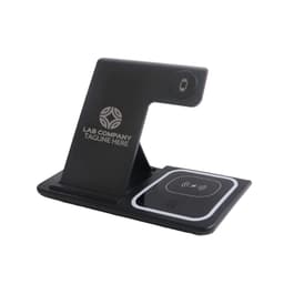 A black 3-in-1 portable wireless charger with a sleek design and a logo on the surface.