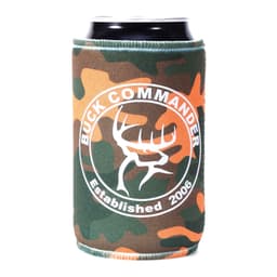 A camouflage drink holder featuring a circular logo and a dark beverage can inside.