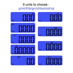A blue digital kitchen scale with nine measurement unit options displayed on the screen.