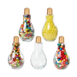A drink bottle featuring a bulb shape, made of clear plastic with a gold cap, holding various colourful beads.