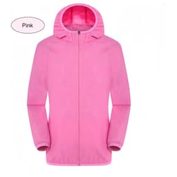 A pink unisex adult jacket made of 100% polyester, featuring sun protection and a hood. It has a logo.
