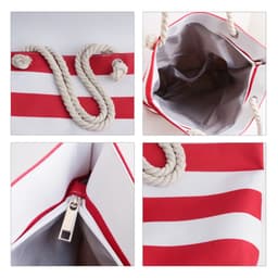 A red and white striped tote bag featuring a rope handle and a spacious interior with a zip closure.