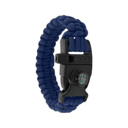 A navy blue survival bracelet featuring a whistle, compass, and paracord design, with a small logo on the clasp.