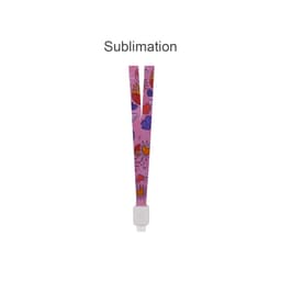A pink retractable lanyard featuring various colourful designs, with a white plastic attachment at the end.