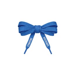Blue custom shoe laces tied in a bow, featuring a logo and tags on the ends.