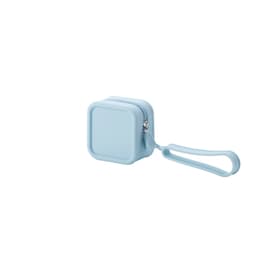 A light blue square silicone coin pouch with a zip closure and a carrying strap. It features a logo on the side.