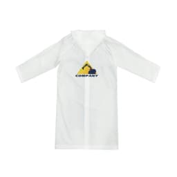 A white reusable EVA raincoat with long sleeves, featuring a logo on the front.