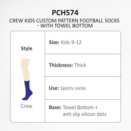 Custom-patterned crew socks in navy with a towel bottom and anti-slip silicone dots, suited for kids aged 9-12.