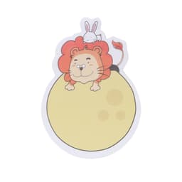 A custom-shaped sticky note featuring a cartoon lion with a rabbit on top, in yellow and white colours.