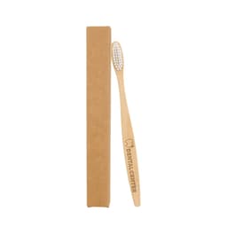 A bamboo toothbrush with a natural finish beside a rectangular kraft box, featuring a logo on the toothbrush.