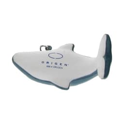 A dolphin-shaped stress reliever in white and navy, featuring a logo on its side and a keyring attachment.