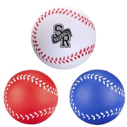 A set of three baseball-shaped stress relievers in red, blue, and white, featuring a logo on the white ball.