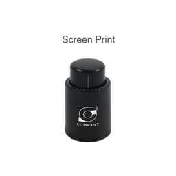 A black push button wine stopper with a scale, featuring a logo on the front.