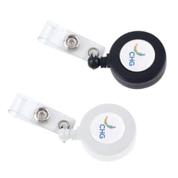 A round retractable card holder in black and white, featuring a logo on the front and a clear attachment strap.
