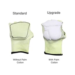 Two pairs of heavy-duty safety work gloves are displayed, one with a reinforced thumb web in yellow and white, the other in standard design.