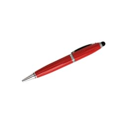 A red metal pen with a shiny silver tip and a black touch screen stylus on the top. It features a logo.
