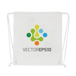 A white drawstring cotton bag featuring a multicoloured logo and two cotton drawstrings.