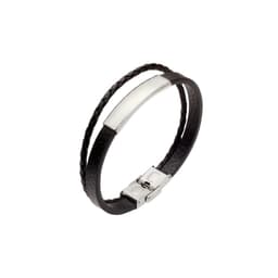 A double-layer leather bracelet in black with a braided design and a sleek silver clasp.