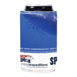 A drink can holder in blue with a branded logo, featuring a marine design.