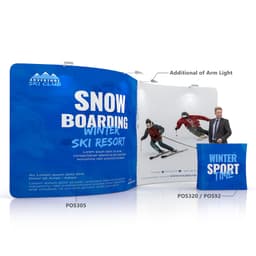 A fabric display wall featuring an S-shape, with a blue background and images of skiers. Includes a logo.
