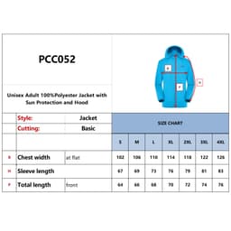 A blue unisex adult jacket made of 100% polyester, featuring sun protection and a hood, with a size chart included.